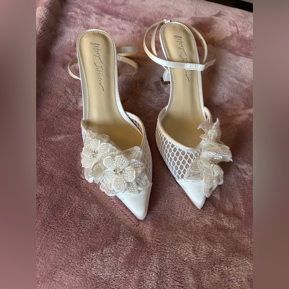Betsey Johnson “Susie” White Floral Bridal Heels